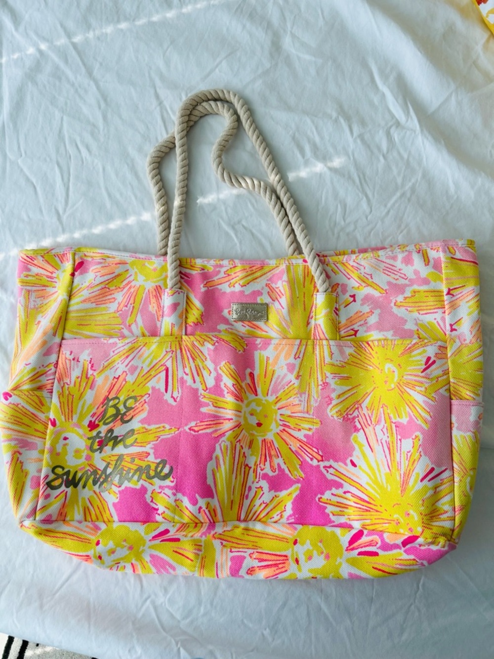 Lilly Pulitzer Be The Sunshine Canvas Tote Beach Large Bag Pink & Yellow Trendy
